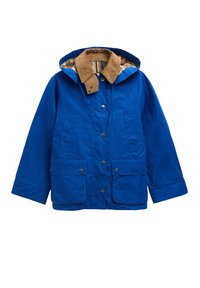 Μπλε αδιάβροχο μπουφάν με καφέ κολάρο από κορντόρι, κουμπιά τύπου snap, μπροστινές τσέπες και κουκούλα με φόδρα από καρό ύφασμα.