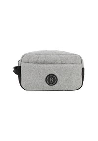 Borsa grigia in feltro con texture trapuntata, dettagli neri e un logo circolare. Presenta una chiusura con zip e una maniglia laterale per un facile trasporto.