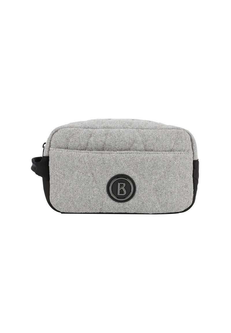 Borsa grigia in feltro con texture trapuntata, dettagli neri e un logo circolare. Presenta una chiusura con zip e una maniglia laterale per un facile trasporto.