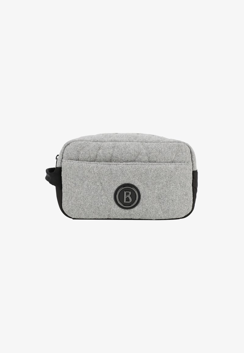 Borsa grigia in feltro con texture trapuntata, dettagli neri e un logo circolare. Presenta una chiusura con zip e una maniglia laterale per un facile trasporto.