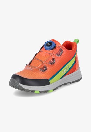 Orange outdoor shoe with textured upper, blue dial closure, and green accents. Features a black toe cap and patterned sole for traction.