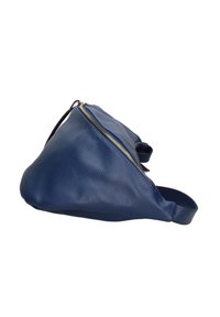 Blauwe leren tas met een driehoekige vorm, gestructureerd oppervlak en een rits aan de bovenkant. Voorzien van een verstelbare schouderband voor het dragen.