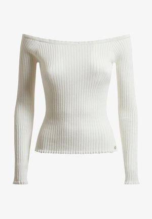 Kremowa, prążkowana bluzka off-the-shoulder z długimi rękawami, dopasowana, z detalem u dołu. Posiada mały logo w dolnej części.