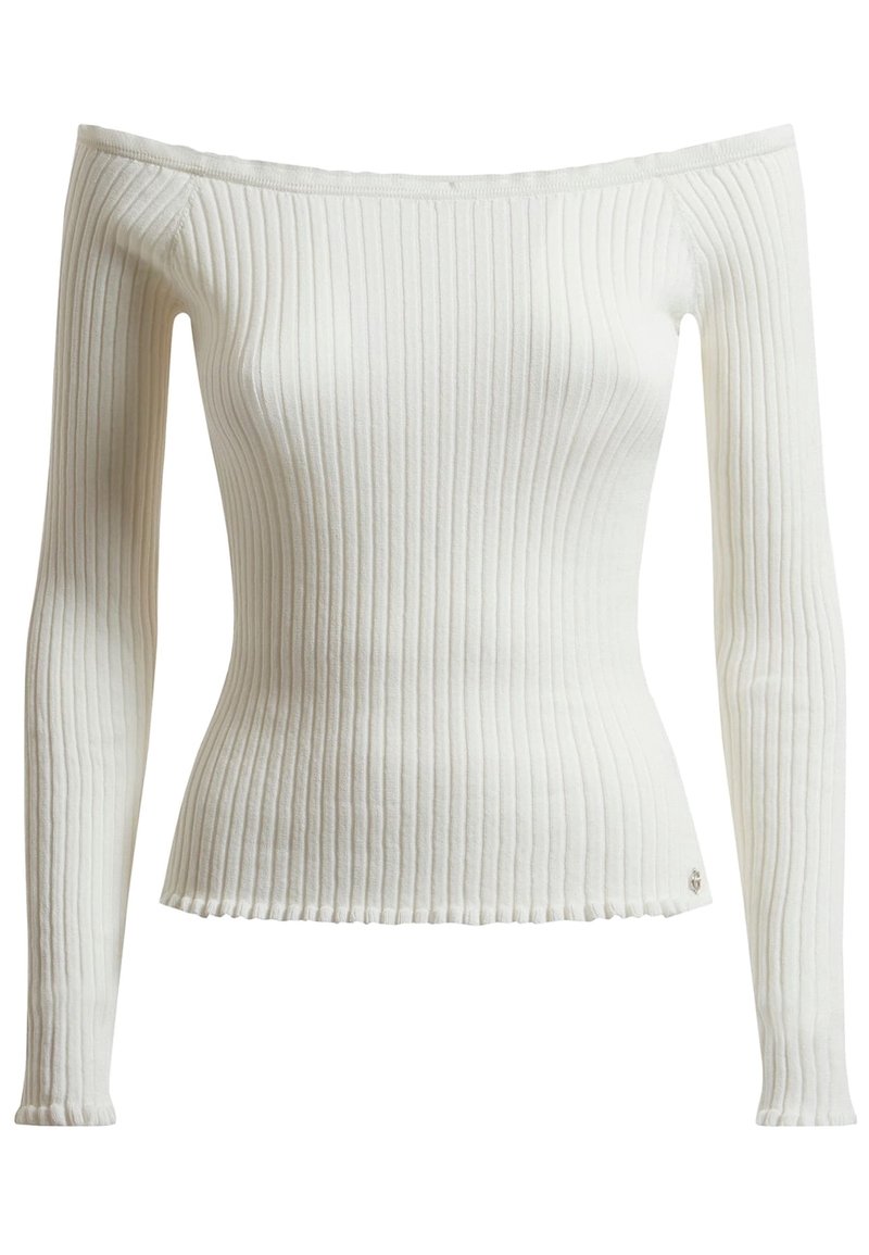 Off-White, gerippter Strick-Oberteil mit schulterfreiem Design, langen Ärmeln, slim fit und einem Detail am Saum. Mit einem kleinen Logo-Accent am unteren Rand.