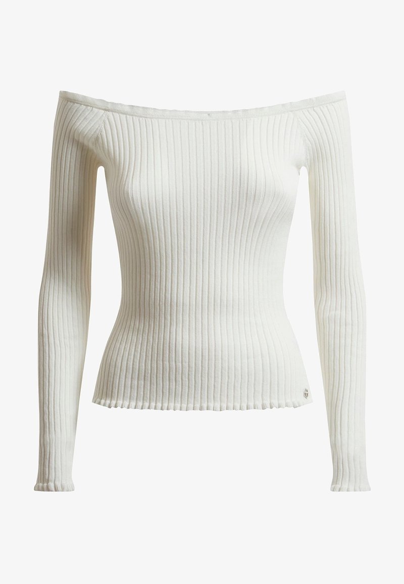 Off-White, gerippter Strick-Oberteil mit schulterfreiem Design, langen Ärmeln, slim fit und einem Detail am Saum. Mit einem kleinen Logo-Accent am unteren Rand.