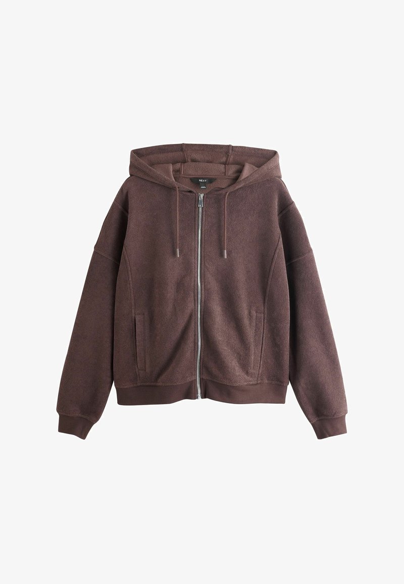 Sweat à capuche marron à fermeture éclair avec cordons, poches avant, poignets et taille côtelés, présenté sur fond blanc.
