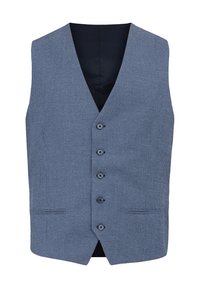 Chaleco formal a cuadros azul y negro con cinco botones y dos bolsillos frontales de tipo welt, exhibido sobre un fondo blanco.