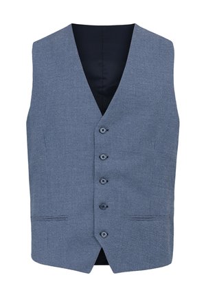 Blau-schwarz karierter formeller Anzugweste mit fünf Knöpfen und zwei vorderen Leistentaschen, vor einem weißen Hintergrund präsentiert.
