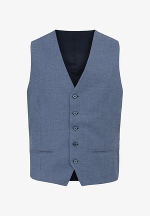 Vesta formal în carouri albastre și negre, cu cinci nasturi și două buzunare frontale, expusă pe un fundal alb.