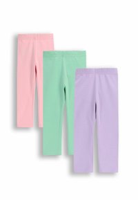 Trzy pary legginsów w pastelowych kolorach: różowym, zielonym i lawendowym. Wykonane z miękkiego materiału, z elastycznymi pasami i długością sięgającą kostek.