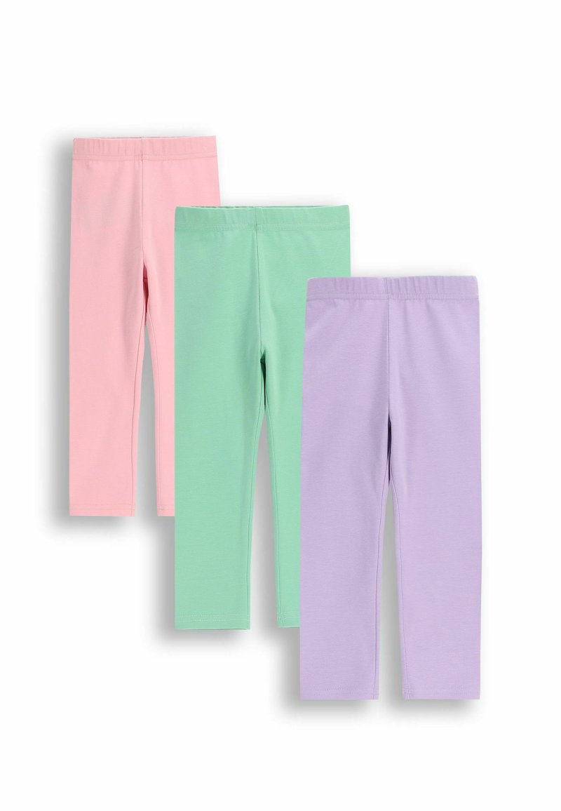 Trzy pary legginsów w pastelowych kolorach: różowym, zielonym i lawendowym. Wykonane z miękkiego materiału, z elastycznymi pasami i długością sięgającą kostek.