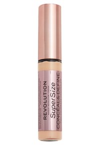 SuperSize Conceal & Define concealer i en klar tube med en lys beige væske. Har en reflekterende rosaguld cap og en flad applikator-tip.