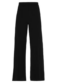 Vidbeniga svarta byxor i mjukt tyg, med hög midja och rena linjer, utan synliga knäppningar eller utsmyckningar.