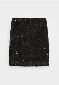 Mini-jupe noire en tissu texturé, recouverte de sequins brillants, avec une coupe droite et des bords nets. Aucune fermeture ou détail visible.