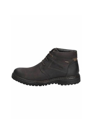 Braune Leder-Ankle-Boots mit runder Zehenform, strukturiertem Finish, Schnürverschluss und Gummisohle mit einem moderaten Profil.