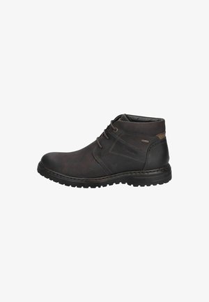 Braune Leder-Ankle-Boots mit runder Zehenform, strukturiertem Finish, Schnürverschluss und Gummisohle mit einem moderaten Profil.