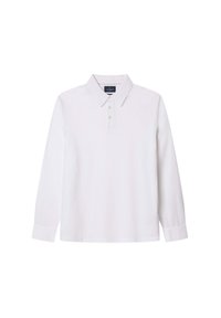 Langarm-weißer Poloshirt mit klassischem Kragen, Knopfleiste mit drei Knöpfen und strukturierter Stoffqualität. Verfügt über ein Logo am Kragen.