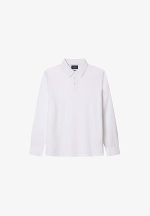 Polo shirt bianco a maniche lunghe con colletto classico, patta con tre bottoni e tessuto a trama. Presenta un logo sul colletto.
