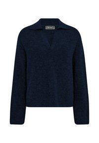 Marineblauwe gebreide trui met een V-hals, lange mouwen en een kraagdesign. Zacht, textuurgegeven stof met een losse pasvorm.
