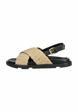 Sandali neri con cinturini intrecciati in fibra naturale. Chiusura con cinturino regolabile, suola piatta in gomma e design con cinturini incrociati per una vestibilità sicura.