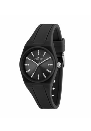 Orologio da polso Morellato nero con cinturino in silicone, quadrante rotondo, indici orari in cristallo, lancette argentate per ore, minuti e secondi, e corona laterale.
