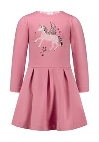 Rosa Langarmkleid mit tailliertem Oberteil und weitem Rock, verziert mit einem Pailletten-Einhornmotiv und Sternelementen. Aus weich Baumwollmaterial.