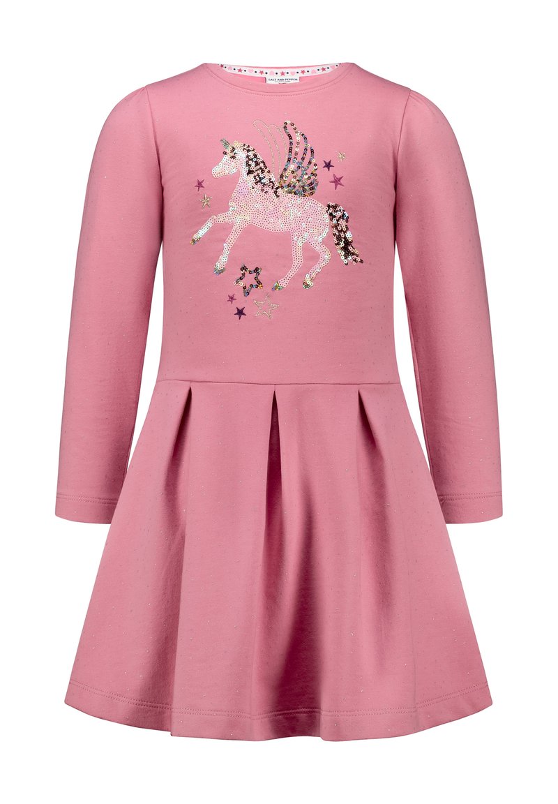 Rosa Langarmkleid mit tailliertem Oberteil und weitem Rock, verziert mit einem Pailletten-Einhornmotiv und Sternelementen. Aus weich Baumwollmaterial.