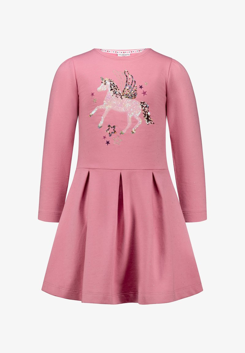 Rosa Langarmkleid mit tailliertem Oberteil und weitem Rock, verziert mit einem Pailletten-Einhornmotiv und Sternelementen. Aus weich Baumwollmaterial.