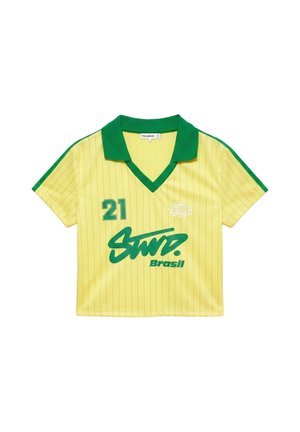 Żółta sportowa koszulka z krótkim rękawem, zielonym kołnierzem i paskami, numer 21, napis „Surf Brasil” oraz emblemat globu z przodu.