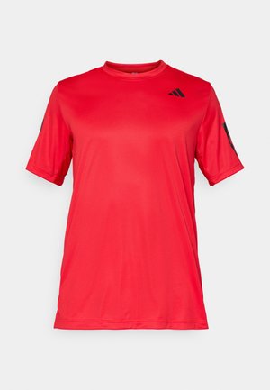 Red short-sleeve athletic shirt with a crew neck, made from smooth, lightweight fabric; features a black logo on the chest and sleeves.