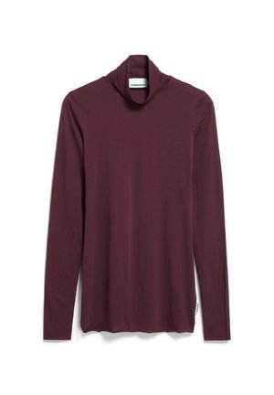 T-shirt en bourgogne à manches longues et col roulé, fabriqué dans un tissu doux et léger, présentant une coupe décontractée et un design de col replié.