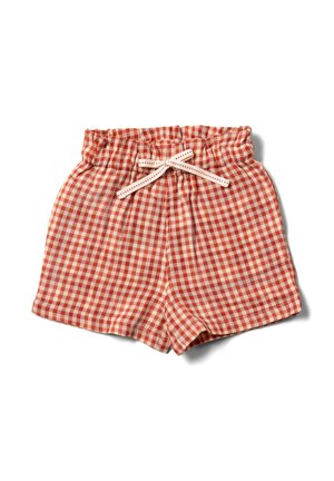 Red and white checked shorts with an elastic waistband and a white drawstring. Made from a lightweight fabric with a smooth texture.