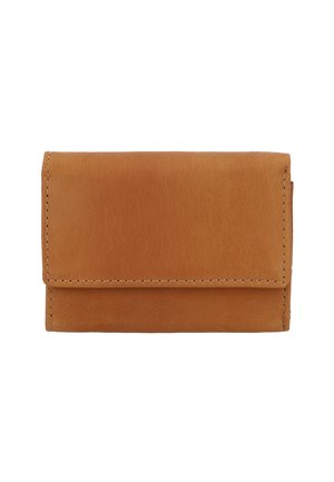 Hnědá kožená peněženka s překlápěcím designem, která má viditelné švy podél okrajů a hladký povrch. Kompaktní a praktická.