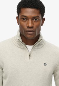 Suéter de cuello alto con cremallera en gris claro, con cuello de canalé, textura de punto y pequeño detalle de logo en el pecho. Fabricado con un material cómodo y suave.