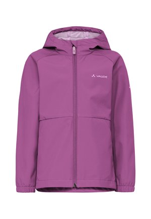 Giacca viola con cappuccio, cerniera frontale, polsini elasticizzati e logo Vaude sul petto, progettata per l'uso all'aperto.