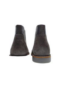 Un paio di stivaletti alla caviglia in suede grigio scuro con pannelli laterali elastici neri e suole marroni, mostrati da dietro su sfondo bianco.