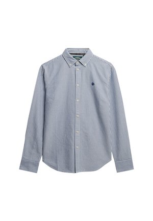 Button-up shirt in blue and white vertical stripes, made of cotton. Features a collar, long sleeves, and a small embroidered logo.