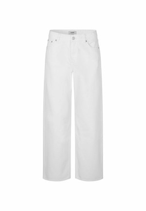 Blugi albi cu picior larg, nasture și fermoar frontal, bucle pentru curea și design cu cinci buzunare.