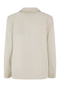 Blazer beige con un design strutturato, maniche lunghe e colletto a bastone. Tessuto liscio con dettagli di cucitura minimi, senza elementi hardware visibili.