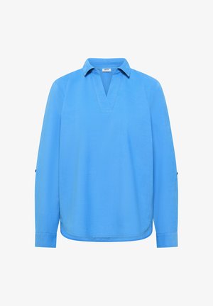 Lichtblauw blouse met lange mouwen, gespleten V-hals en kraag, knoopsluitingen op de mouwen, lichtgewicht stof, geen zichtbare patronen of logo's.
