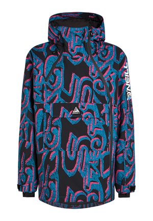 Veste noire avec des motifs abstraits vibrants en bleu et rose, une capuche, une fermeture éclair et une poche frontale. Fabriquée à partir d'un matériau imperméable.