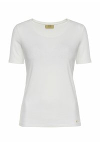 Biała koszulka z krótkim rękawem o żebrowanej strukturze, okrągłym dekolcie i małym logo na dolnym brzegu. Miękki materiał. Klasyczny krój.