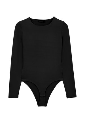 Body a maniche lunghe nero realizzato in tessuto liscio. Caratterizzato da un collo rotondo e una chiusura a scatto sul fondo. Design minimalista senza motivi o accenti.