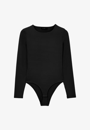 Bodysuit noir à manches longues en tissu lisse. Doté d'un col rond et d'une fermeture à pression au bas. Design minimaliste sans motifs ni accents.