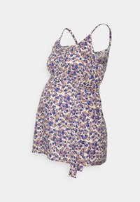Vestido de maternidade floral em tecido leve com alças finas, apresentando um padrão de flores roxas e laranjas, cintura ajustada e detalhe de laço.