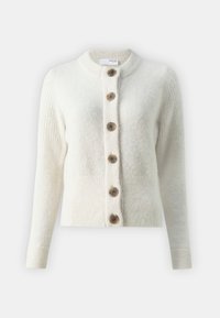White knitted cardigan with a round neckline, featuring five brown buttons down the front and ribbed cuffs. Soft, textured fabric.