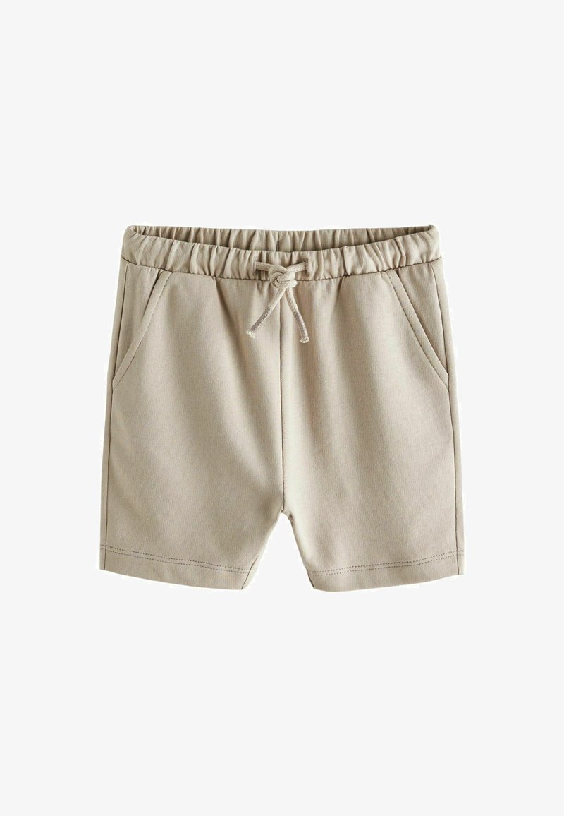 Pantaloni corti sportivi beige realizzati in un tessuto morbido. Presentano una cintura elastica, cordino e due tasche laterali. Tessuto liscio, vestibilità regolare.