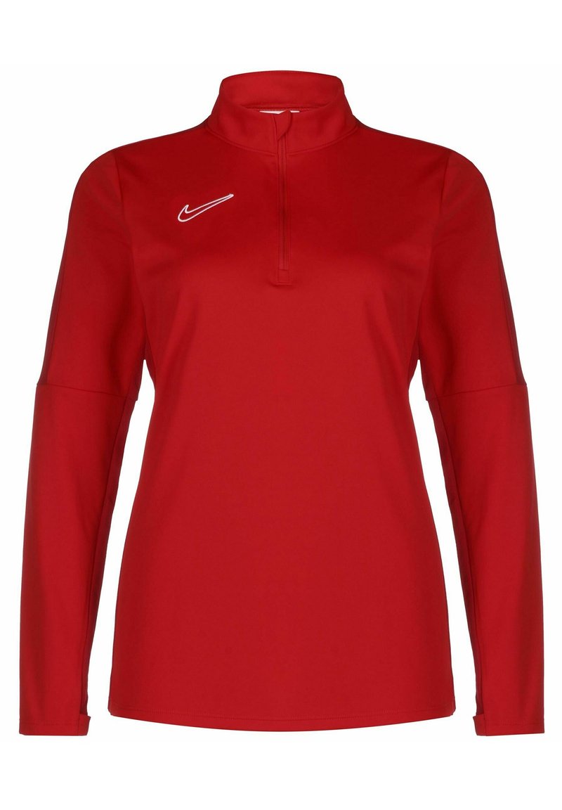 Červený pulovr s dlouhým rukávem a zipem ve čtvrtinovém stylu. Na levé straně je bílé logo Nike. Vyrobeno z hladkého, elastického materiálu.