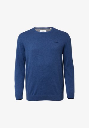 Meeste pika varrukaga ümar kaelusega sviiter ühesooliselt sinine, väikese tikandiga logoga rinnal ja soonikkoes mansettide ja äärtega.