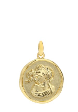 Gold round pendant featuring a woman's profile with flowing hair and a draped off-shoulder top against a textured background.